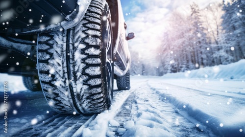 Closeup of car tires in winter on the road covered with snow © vannet