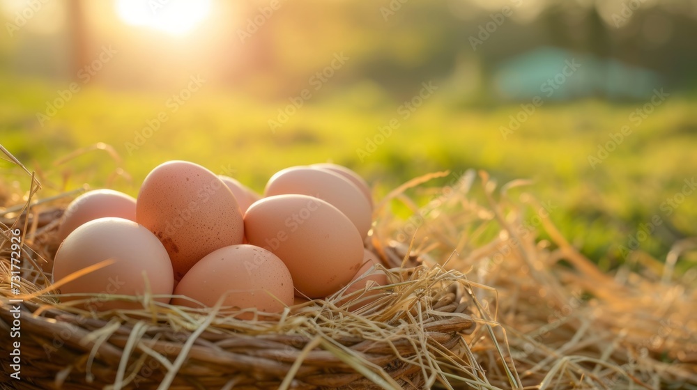 Eggs close-up on a straw basket with pasture in the background Eggs close-up on a straw basket with pasture in the background