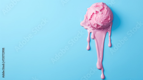 Pink ice cream melting on pastel blue background. Summer concept. photo