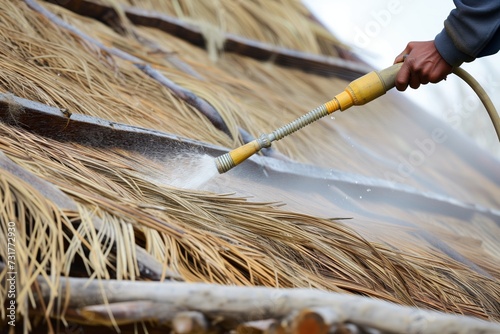 roofer using water hose to dampen thatch on roof