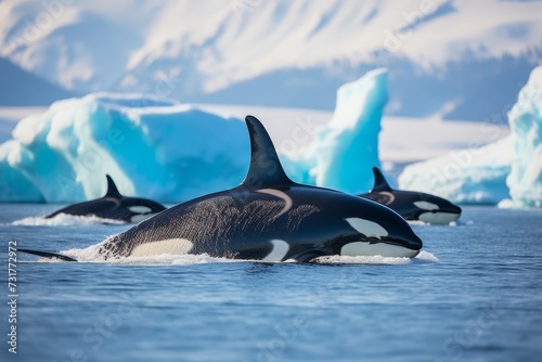 A spectacular pod of killer whales moves gracefully through impressive polar ice formations. Ice icebergs block the way to warm waters