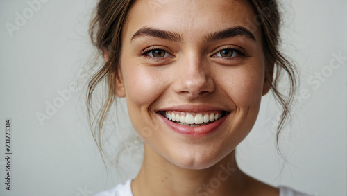 close up portrait of a beautiful young woman smiling with clean white teeth on a white background