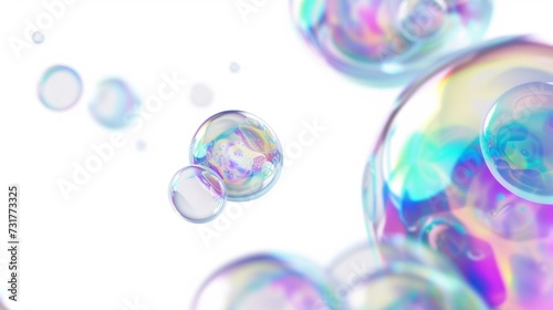 Iridescent soap bubbles floating on white background