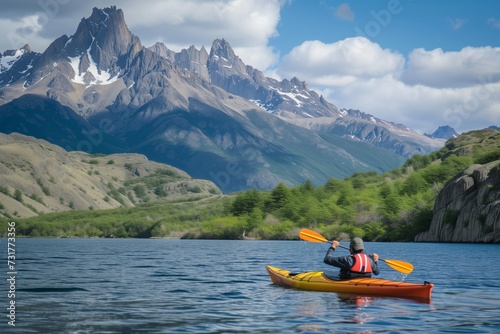kayaker on a lake with a fishfin mountain backdrop © Natalia