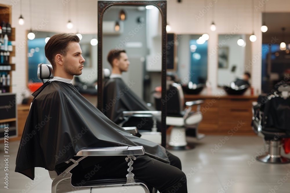 male client with cape, seated before a mirror in a swivel barber chair