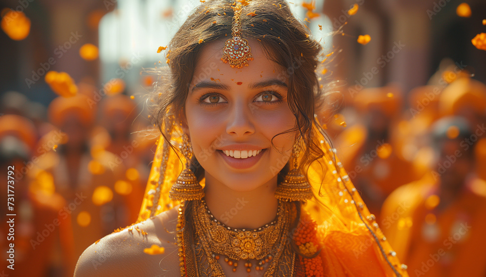 Indian woman. Indian Traditional flower decoration, Indian festival garland. Ugadi celebration