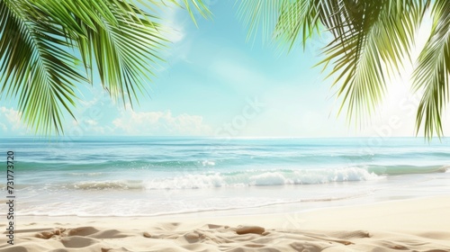 Serene summer beach scene with palm leaves, sand, and sea © vannet