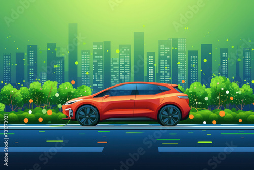 Electric car business with ev car with pack of battery cells on road
