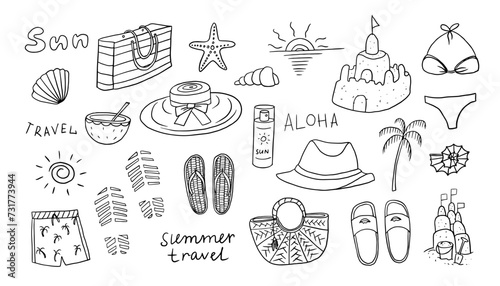 Set of summer time theme elements. Sand castles, palm trees, shells, beach bag, flip flops, hat, swimsuit, swimming trunk. Travel design. Adventure. Hand drawn. Doodle style. Great for poster, banner