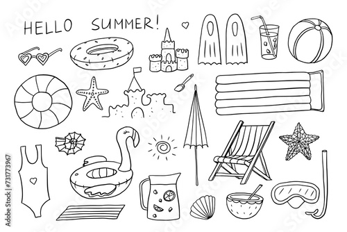 Set of summer time theme elements. Sand castles, inflatable rubber circle, shells, beach chair, diving mask, inflatable mattress. Travel design. Adventure. Hand drawn. Doodle. Great for poster, banner