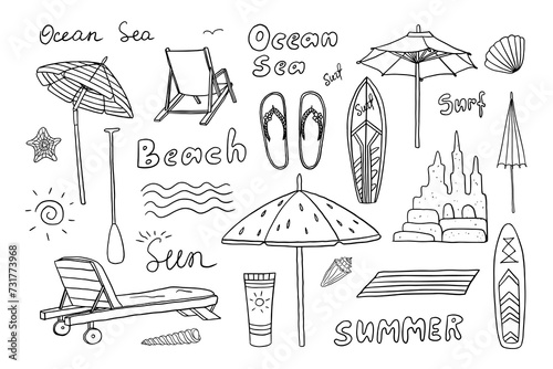 Big set of summer time theme elements. Beach umbrella, SUP, surfboard, shells, sand castles, flip flops, Travel design. Adventure. Hand drawn. Doodle style. Great for poster, banner photo