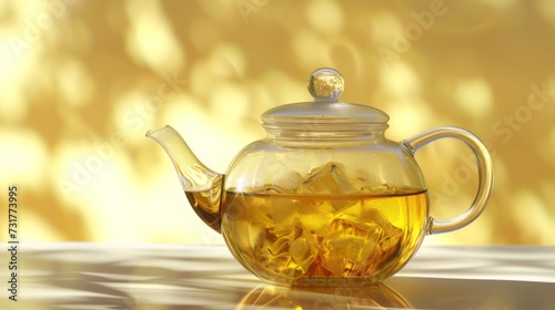 Transparent teapot with ice tea, soft yellow background