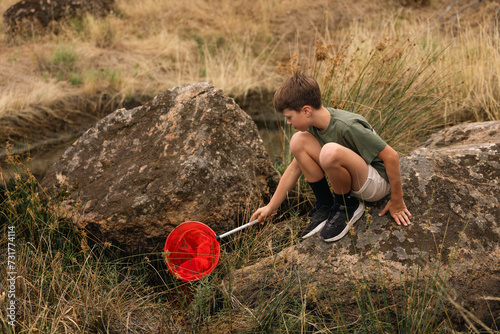 Boy catching tadpoles with red net in nature photo