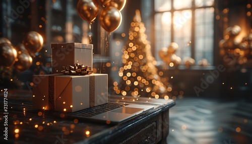Golden Gift Box with Laptop and Christmas Tree in the Background Generative AI