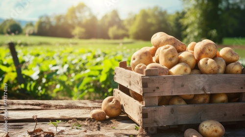 Wooden box full of potatoes on table with green field on sunny day