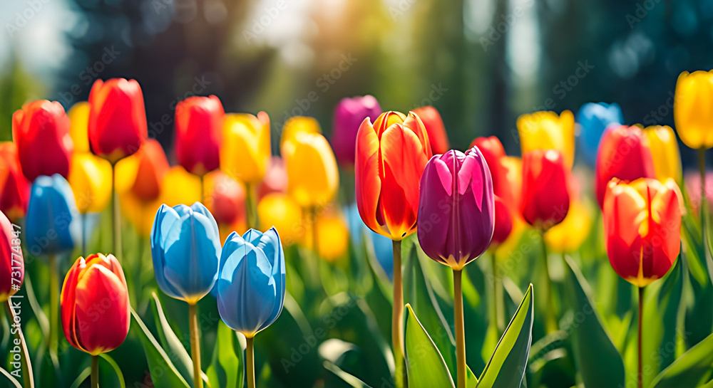 Closeup on colorful tulips during hot day of spring.