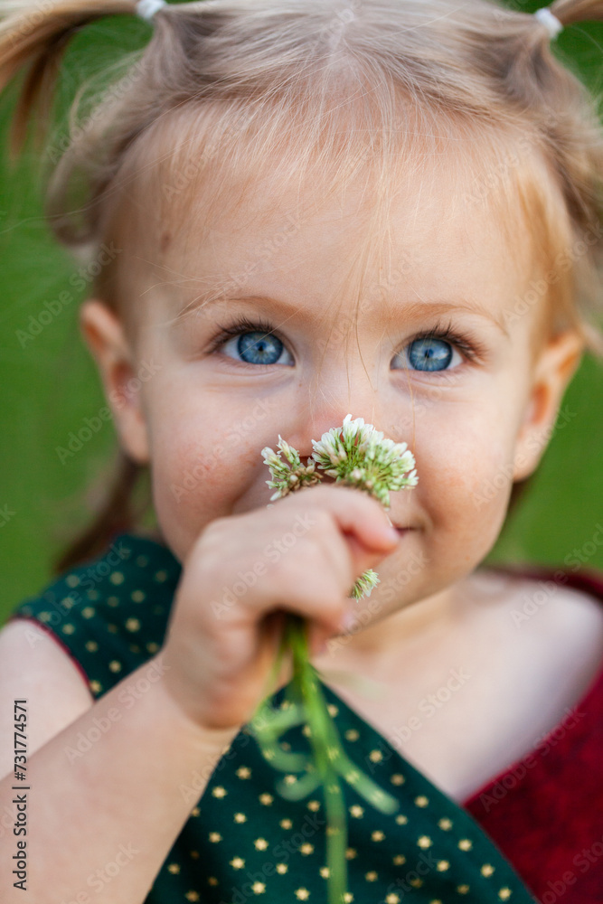 Little girl holding bunch of clover flowers Little girl holding bunch of clover flowers