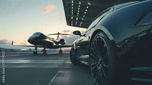 Luxury Sports Car and Private Jet Tarmac at Twilight photo