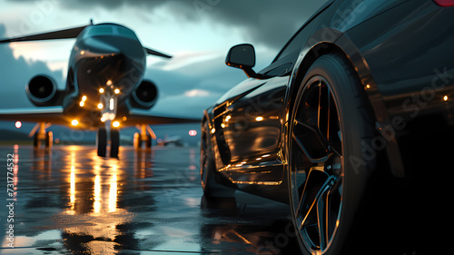 Luxury Sports Car and Private Jet Tarmac at Twilight © Artistic Visions