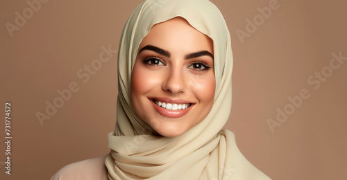 Beautiful smiling Middle Eastern, Arab woman. Copy space.