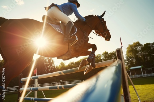 rider in blue leading horse over a sunlit oxer jump photo