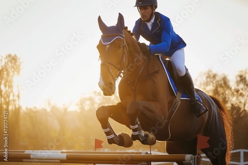 rider in blue leading horse over a sunlit oxer jump