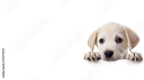 Curious puppy peering over the edge of blank banner  cut out