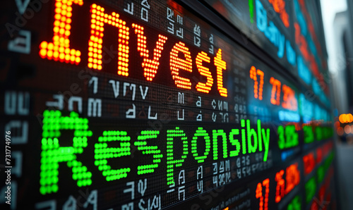 Invest Responsibly message on a digital stock market display promoting ethical investing, moral investment decisions, and financial responsibility