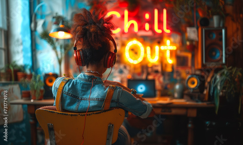 Woman enjoys music with headphones in a bohemian room with Chill Out neon sign  embodying a relaxed and cozy lifestyle atmosphere