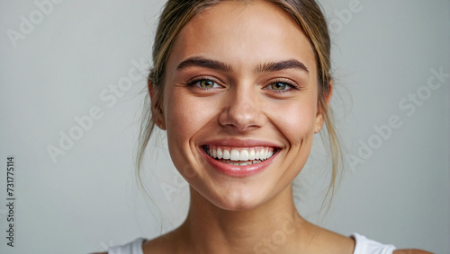 close up portrait of a beautiful young woman smiling with clean white teeth on a white background