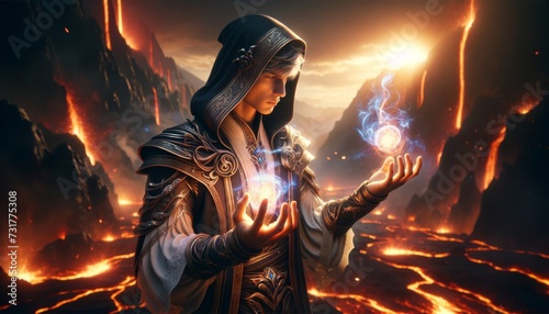 An image of a mage in a medium shot, casting a spell with their hands outstretched towards the sky.
