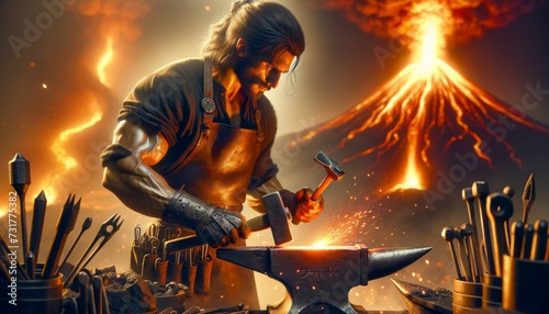 Envision a fantasy blacksmith in a medium shot, forging weapons with a backdrop of a volcanic eruption.