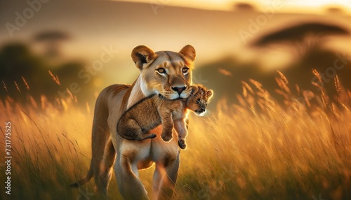A lioness carrying her cub in her mouth, moving through the tall grass of the African savannah at dawn.