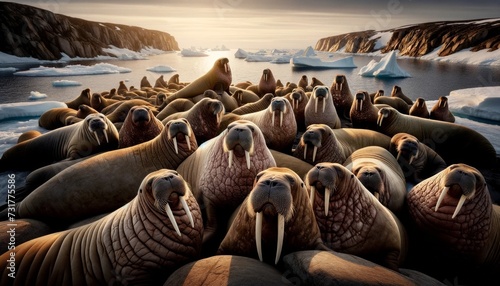 A walrus colony on a rocky, icy shoreline, with each walrus in sharp focus, showcasing their detailed skin textures and tusks.