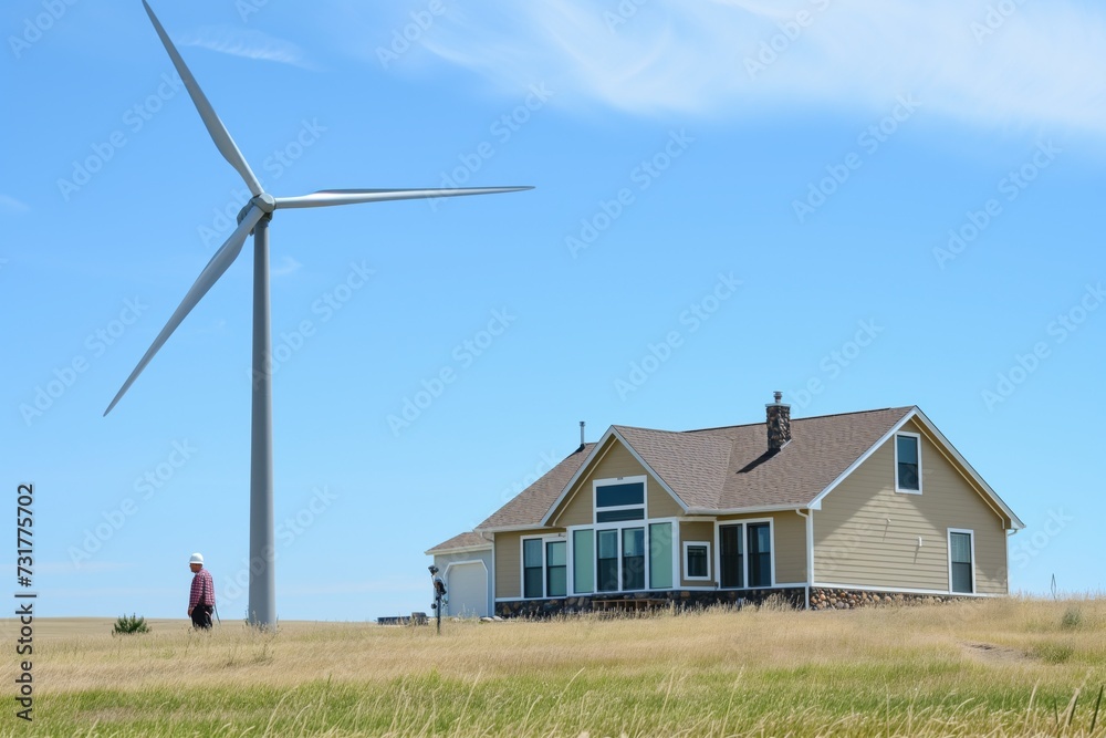 lone house with a wind turbine and owner inspecting it lone house with a wind turbine and owner inspecting it