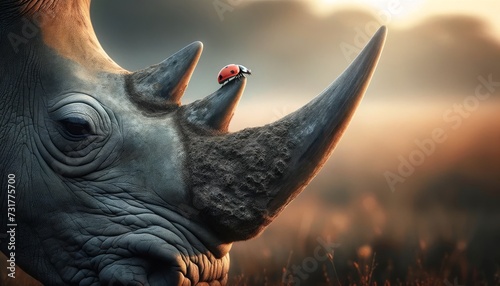A ladybug crawling on the tip of a horn of a grazing rhinoceros.