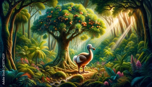 A vibrant painting of a Dodo bird among the dodo tree (Sideroxylon grandiflorum), highlighting the ecological relationship.