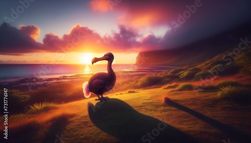 A serene image of a Dodo bird at sunset, casting a long shadow, symbolizing its extinction. photo