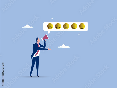Customer satisfaction survey, service quality feedback, rating or opinion, user experience emoticon, angry or smile face review, client questionnaire concept, man shouting with satisfaction emoticon.