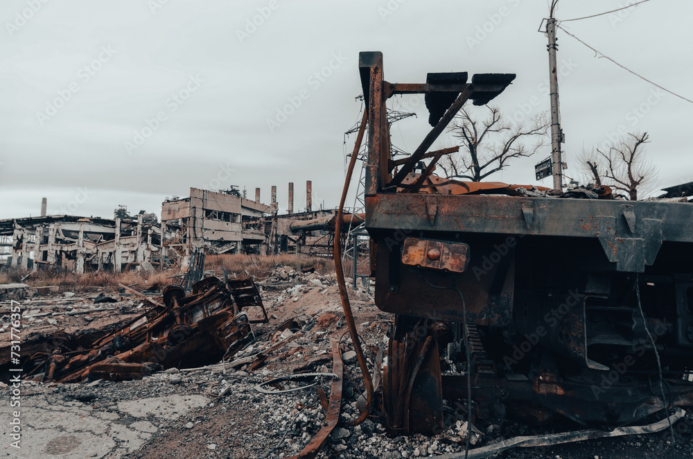 burnt cars and destroyed buildings of the workshop of the Azovstal plant in Mariupol burnt cars and destroyed buildings of the workshop of the Azovstal plant in Mariupol