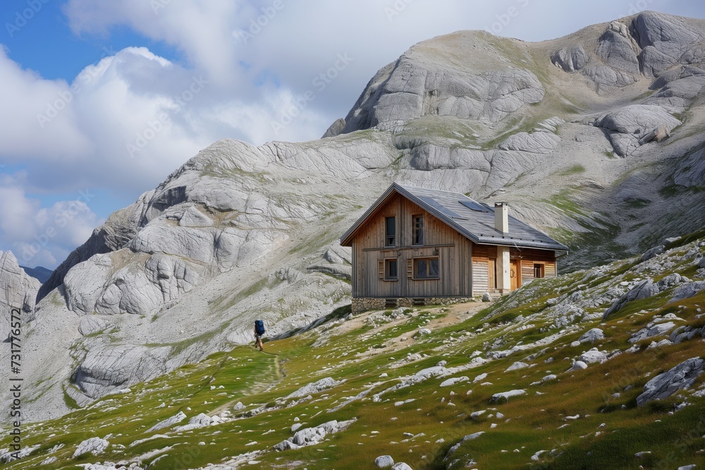 lone mountain house with a hiker approaching