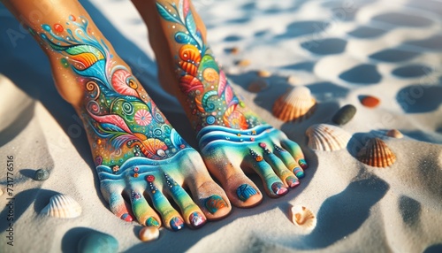 A close-up image capturing colorful painted feet against a backdrop of soft, white sand.