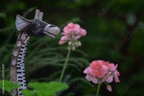 Garden figurine giraffe stands in a meadow of pink flowers