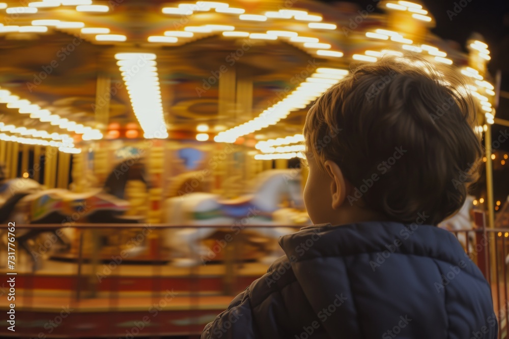 child watching carousel at night with lights blurred in motion