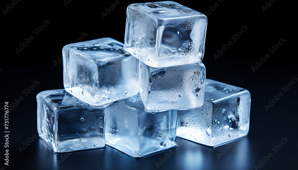 Pile of Ice Cubes - Cool Refreshing Crystals with Water Drops. Ice cubes stacked in a pile. Ready-to-drink, cocktail ice cubes, ice cubes for healthy drinks. Close-up shot. Pile of Ice Cubes - Cool Refreshing Crystals with Water Drops. Ice cubes stacked in a pile. Ready-to-drink, cocktail ice cubes, ice cubes for healthy drinks. Close-up shot.