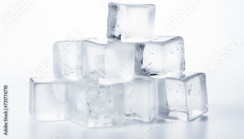 Pile of Ice Cubes - Cool Refreshing Crystals with Water Drops. Ice cubes stacked in a pile. Ready-to-drink, cocktail ice cubes, ice cubes for healthy drinks. Close-up shot.