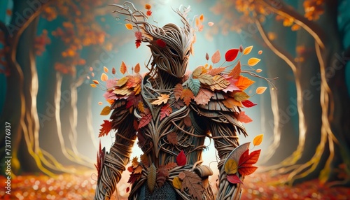 An image of a warrior with armor made of intertwined branches and autumn leaves.