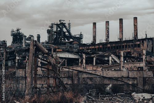Schilderij op canvas destroyed buildings of the workshop of the Azovstal plant in Mariupol Ukraine