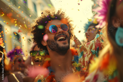 Folião Sorridente se divertindo no carnaval: Uma Explosão de Alegria e Cores, AI Generativa	 photo