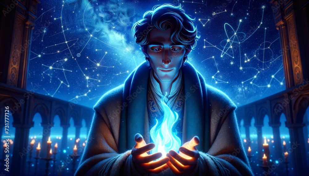 A whimsical animated art scene featuring a man in a close or medium shot angle, holding a blue flame in his hands. A whimsical animated art scene featuring a man in a close or medium shot angle, holding a blue flame in his hands.